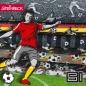 Preview: Baumwolle Webware Steinbeck Fußballer rot - gelb mit Fußball Streifen