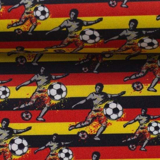 Baumwolle Webware Steinbeck Fußballer rot - gelb mit Fußball Streifen