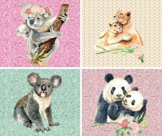 French Terry Sommersweat Panel Koala Mutter und Kind rosa pink FHTN