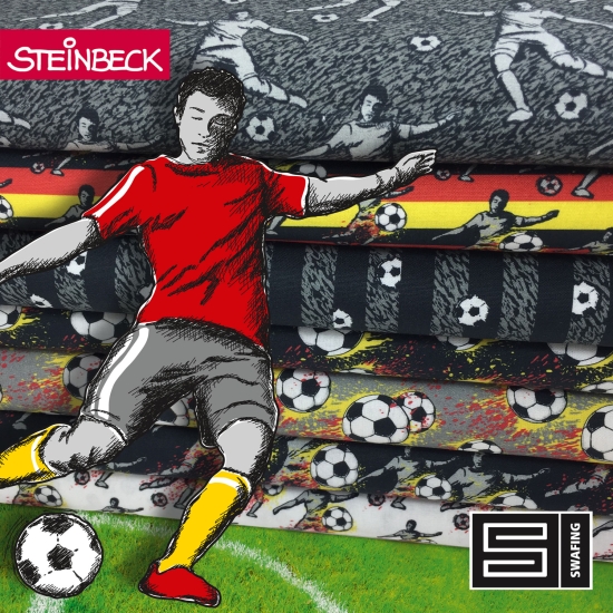 Baumwolle Webware Steinbeck Fußballer rot - gelb mit Fußball Streifen