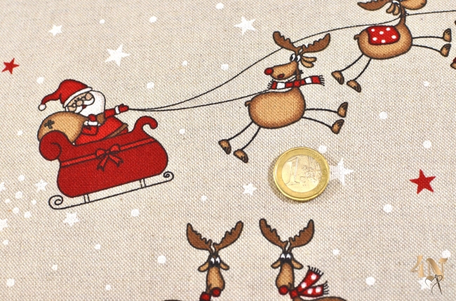 Leinenoptik Weihnachtsmann mit Schlitten und Rentiere beige weiß braun rot