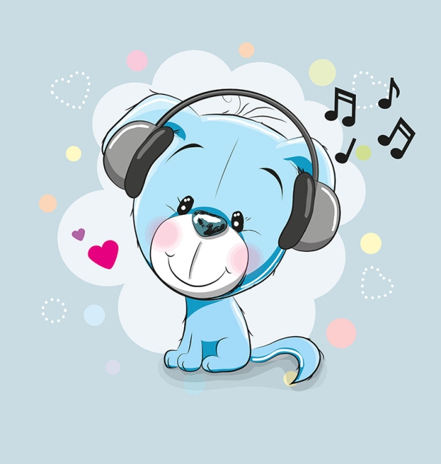 Sommersweat Panel Hund mit Kopfhörer blau 40 x 50 cm