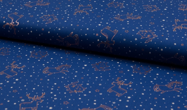 Baumwolle Webware Folien Druck goldene Einhörner Katzen und Hirsche auf blau