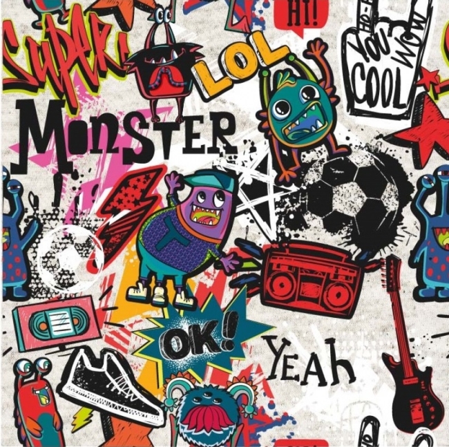Jersey Digitaldruck Monster mit coole Wörter Cool Ok Yeah Schuh Gitarre bunt